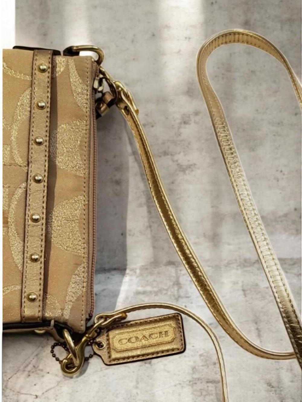 Coach Signature Stripe Shimmer Gold Studded Crossbody Purse - Picture 6 of 6